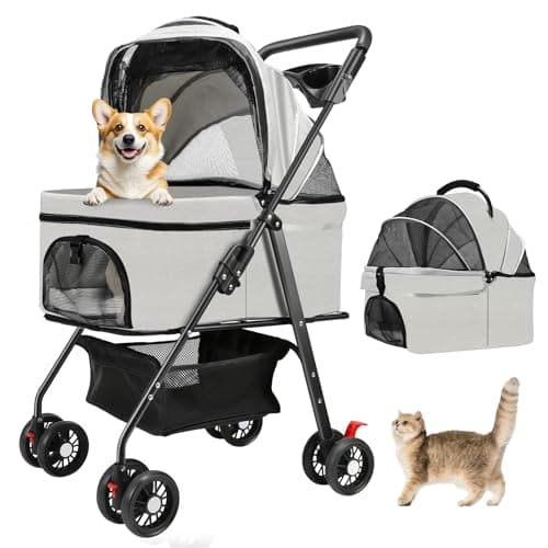 AODI Pet Stroller for Small Dogs and Cats with 4 Wheels, 3 in 1 Foldable Dog Stroller with Detachable Carrier, Breathable Mesh, Storage Basket & Cup Holder, Up to 15 kg (Black)