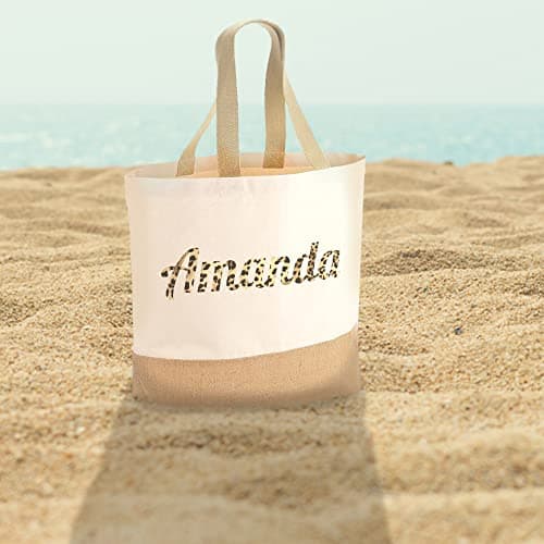 Leopard Print Name Personalised Beach Bag, Womens Shopping Bag Gifts for Her, Custom Multi Purpose Beach Esstentials, Accessory Travel Bags for Girls, Small, Natural — view 5