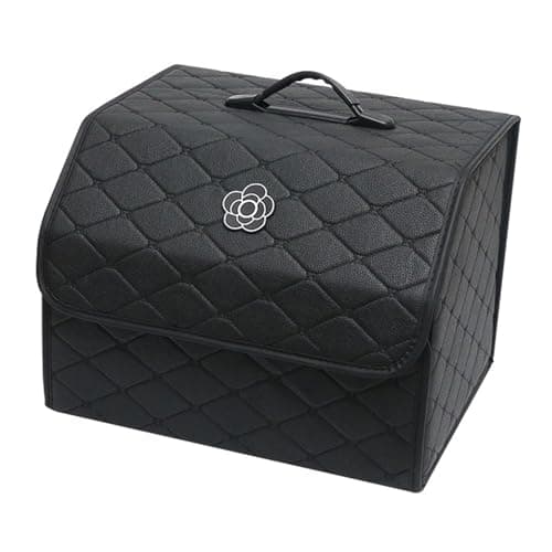 Jenngaoo Car Trunk Storage Organizer, High Capacity PU Leather Storage Box with Lid, Multipurpose Portable Car Organizer for Vehicle Accessories Trunk Storage and Travel Essentials (Black ‑ Large)
