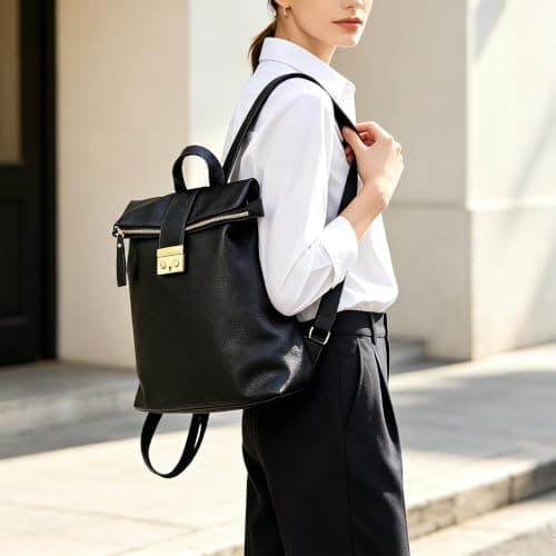 LA DEARCHUU Leather Rucksack Women Men, Black Leather Backpack Handbags Multi-Pocket Durable Comfortable Flap Over Travel Soft Daily Backpack Daypack with Snap Closure — view 2