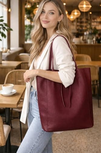 LeahWard Women's Genuine Italian Hand Made Hobo Shoulder Bag, Soft Leather, A4 College School Work Business Bag (Burgundy) — view 2