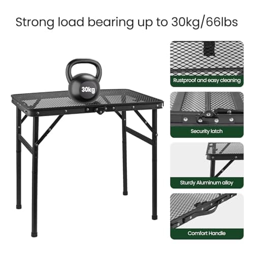 Toemics Camping Table Small Folding Table Picnic Outdoor Garden Table with Handle, Rust-Proof Mesh Tabletop, Anti-Slip Pads, Adjustable Height and Lightweight for BBQ, Fishing, RV — view 6