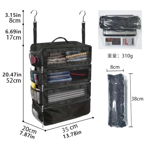 Hanging Compression Packing Cubes, Portable Travel Hanging Organiser, 4-Shelf Foldable Wardrobe Storage, Mesh Packing Cubes for Backpack, Camping, Cruise Essentials (black) — view 3