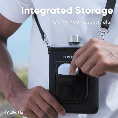 Hydrte Travel Mini Water Bottle with Strap & Sleeve – 500ml BPA-Free Slim Flat Reusable Water Bottle, Leak Proof (Nero Black) — view 5