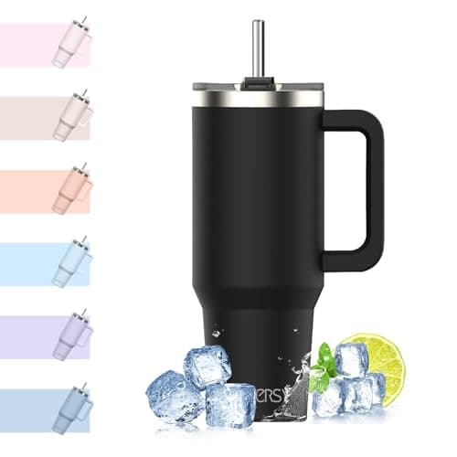 WATERSY Travel Mug Coffee Cup 40oz Tumbler Straw Lid and Handle, Stainless Steel Double Wall Vacuum Insulated Coffee Water Bottle for Cold Hot Coffee 1182ml Black