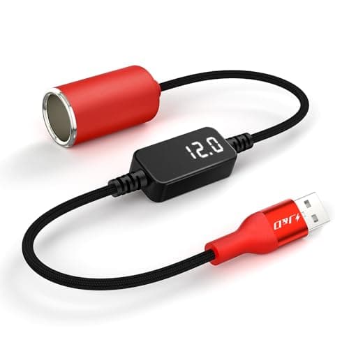 J&D USB A to 12V Cigarette Lighter Adapter Cable, 18W USB A DC 12V Car Socket Converter for Dash Cam, GPS, Driving Recorder, Supports Voltage Display, Durable Red Cord, 1.5 Meter