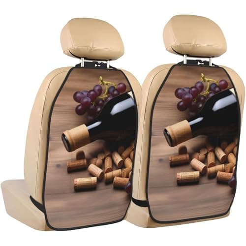 Wine Bottle Corks Grapes Kick Mats with Organizer - 2 Pack Backseat Protector, Personalized Anti-kick Storage Mat for Car Seats, Heavy Duty Waterproof Backseat Car Organizer Decor Accessories