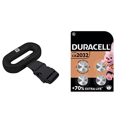 Salter 9500 BKDCTMEU16 Luggage Scale, Portable Digital Bag Weight Scales, Black & Duracell Specialty 2032 Lithium Coin Battery 3V, pack of 4 (DL2032/CR2032)