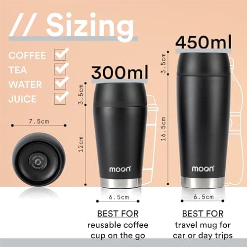 Moon 360° Travel Mugs - Leakproof Reusable Coffee Cup for Hot Drinks - Insulated Stainless Steel Thermal Mug, Fits Car Cup Holders (300ml, Powder Coat/Black) — view 3