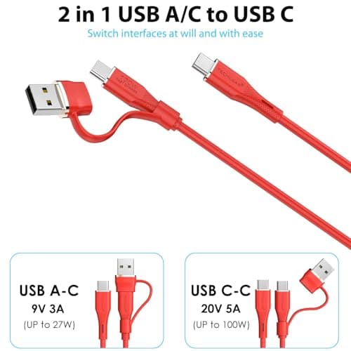 TECHGEAR 2M 2in1 100W USB A/C to USB C Soft SILICONE Charger Cable Fast Charging, Tangle Free, Compatible with MacBook Pro/Air, iPad A16/Air/Pro 2024, iPhone 17 16, Galaxy S25 S24 A17 A26, PS5, Switch — view 2