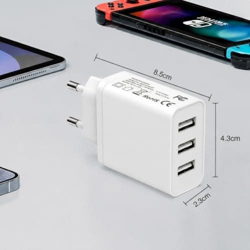 EU Travel Adapter Charger 2Pack, UK to European Plug Adapter Europe Travel Adapter EU with 3 USB A European Wall Adaptor for France Spain Portugal Germany Compatible with iPhone iPad Samsung — view 6