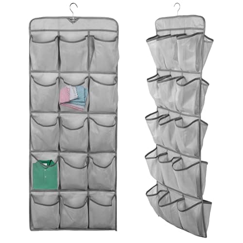 Over Door Storage Organiser, Double-Side Hanging Shoe Storage Organizer with 30 Large Pockets, Large Capacity Back of Door Storages with Rotating Hanger for Bedroom Closet Laundry Room(2pcs grey)