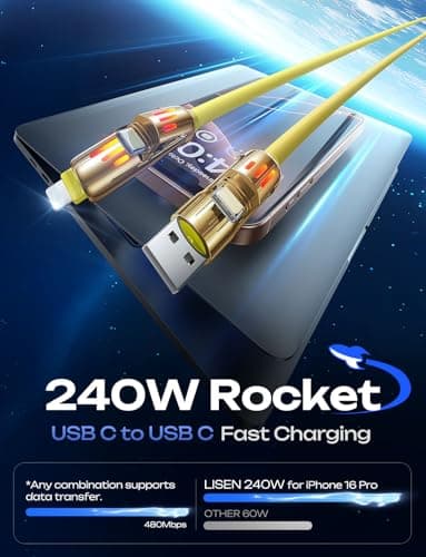 LISEN 240W USB C Cable, 4 in 1 Charging Cable (6.6FT) with Light, USB A/C to C/L Multi Charging Cable for iPhone 16 15 14 Pro Max/MacBook/iPad Pro/SamSungS24,Yellow — view 4