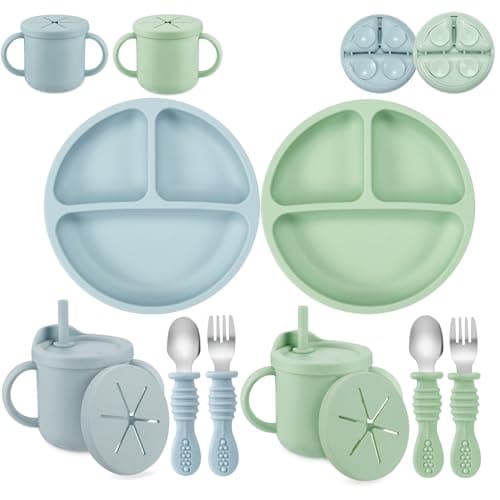 PandaEar 8 Pack Silicone Baby Feeding Set - 2 Suction Plates, 2 Sippy Cups, 2 Spoon & Fork Sets | Travel Weaning Supplies | BPA Free Self-Feeding Kit (Light Blue/Light Green)
