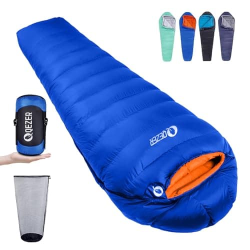QEZER Down Sleeping Bag 4 Season, Lightweight Winter Sleeping Bag 7 Degree to -2 Degree for Adults and Kid Camping, Hiking and Backpacking Outdoor Filled 600+FP Down (sapphire800)