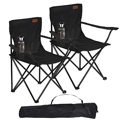 Rainberg Folding Camping Chairs, Comfortable Heavy Duty Structure, Extra Wide Garden Chair with Hard Armrest, Foldable Fishing Chair Outdoor Fold up, Cup Holder with Carry Bag. (Pack of 2, Black)