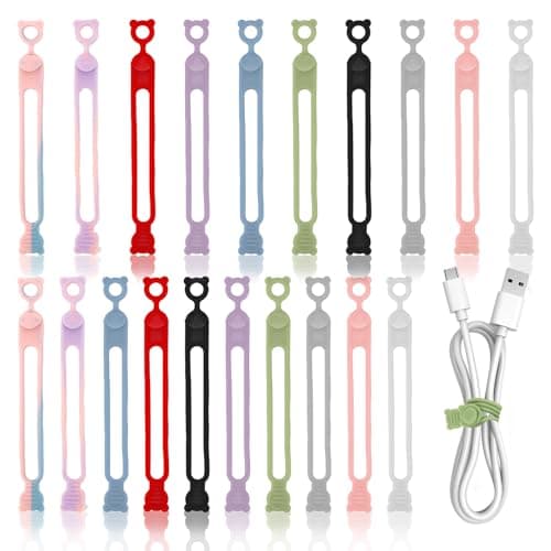 Padorul 20 Pack Silicone Cable Ties, Reusable Cord Organizer for USB Cables, Headphone Wires, Office Desk and Home Organization, Multi-Color Management Clips
