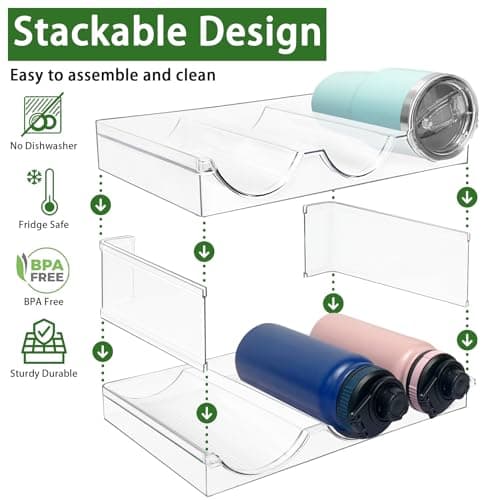 Water Bottle Storage Organiser for Cupboard, Stackable Rack for Fridge Pantry, Plastic Holder for Travel Mug, Tumbler, Thermos Flask — view 5