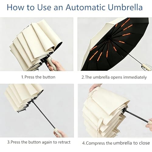 Sumlly Umbrella with Hook Handle, Compact 12 Ribs Umbrella Women Men,Beige — view 6