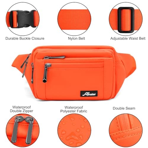 REETEE Waterproof bumbags for Ladies Men Fashion Bum Bag with Adjustable Belt and 5 Zipper Pockets Large Capacity Fanny Pack Waist Bag for Outdoors, Sport, Hiking, Travel (A-Orange) — view 6
