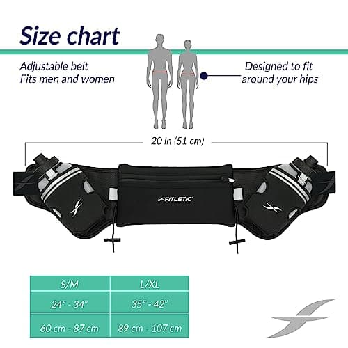 Fitletic Hydration Running Belt with Water Bottles (2x 250ml) Bum Bag with Adjustable Strap and Running Gels Holder Ideal Waist Bag for Outdoor Activities Phone Holder for Men and Women (L/XL) (Black) — view 3