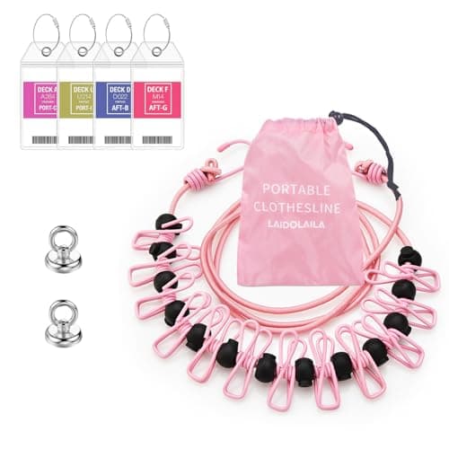Magnetic Retractable Clothes washing Line for Cabin - Approved 2026 Cruise Essentials Clothes Drying Rack Travel Clothesline with Clothespins -4 Luggage Tags Strong Magnets Hooks (Pink)