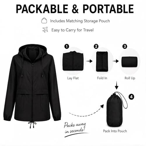 NWDEY Women's Lightweight Waterproof Jacket Ladies Packable Raincoat Hooded Windproof Rain Jacket Coat for Outdoor Travel (UK, Alpha, L, Regular, Regular, Black) — view 6