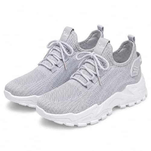 Women’s Lightweight Walking Shoes, Breathable Knit Lace Up Sneakers with Non Slip Chunky Sole, Comfortable Casual Athletic Trainers for Work, Travel, Gym and Outdoor Grey