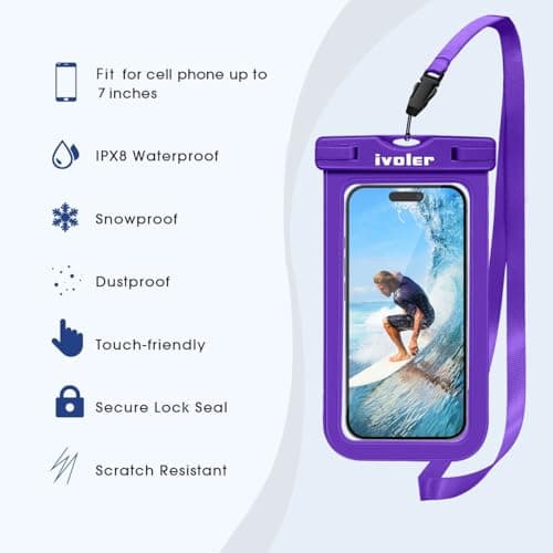 ivoler [2 Pack Waterproof Phone Case & Pouch Set, IPX8 Dry Bag with Waist Strap for Beach, Swimming, Kayaking, Fits iPhone 17 16 15 Pro Max, Samsung S26 S25 Ultra, Up to 7.0" - Deep Purple — view 3