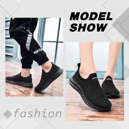 Mens Womens Slip On Trainers Casual Nordic Walking Shoes Breathable Running Shoes Nurse Work Shoes Lightweight Tennis Shoes Soft Mesh Gym Workout Sneakers Black EU44 Convert UK9.5 — view 6