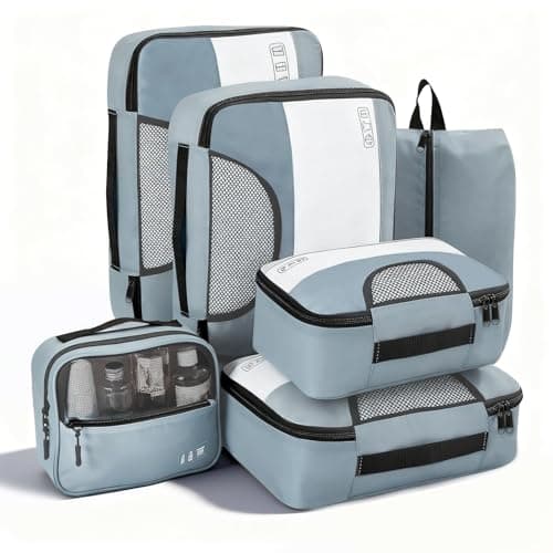 Travel Packing Cubes, 6-Piece Packing Organisers Set with Clear EVA Windows, Suitcase Organiser Bag for Backpack Carry On Luggage, Hanging Toiletry Bag with Pocket, Travel Cubes Organizer(Grey-Blue)
