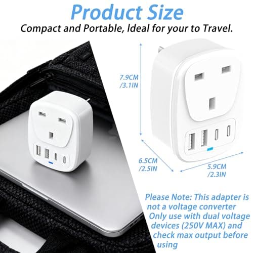 Hao Zhu UK to US Plug Adapter, USA Travel Adapter with 4 Ports & 20W PD Fast Charge, 5-in-1 UK to USA Plug Adaptor for Travel, Child Safety Shutters, White — view 2