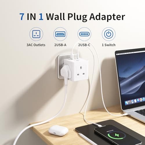Plug Extension Socket with 4 USB, 3 Way Multi Plug Adapter UK, USB Wall Plug Charger, 3 Pin Plug Expander for Home, Office, University Essentials — view 2