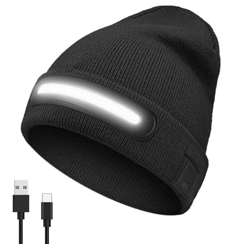 Getsuna Rechargeable LED Headlamp Cap with Lights, Unisex Beanie Hat with Light, Winter Hat with Light Built in, USB Rechargeable Warm Knitted Cap for Walking, Running, Camping, Hiking - Black