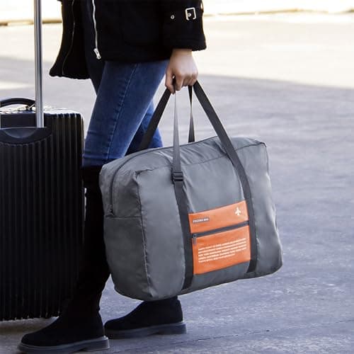 INVODA Foldable Travel Duffel Bag Sports Gym Tote Water Resistant Carry on Luggage Bag Weekender Overnight Bag (Orange) — view 5