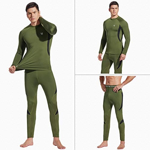 UNIQUEBELLA Mens Thermal Underwear Set Long Sleeve Tops Long Johns Thermal Base Layer Bottom Fleece Lined Quick Drying, Green 1, M — view 4