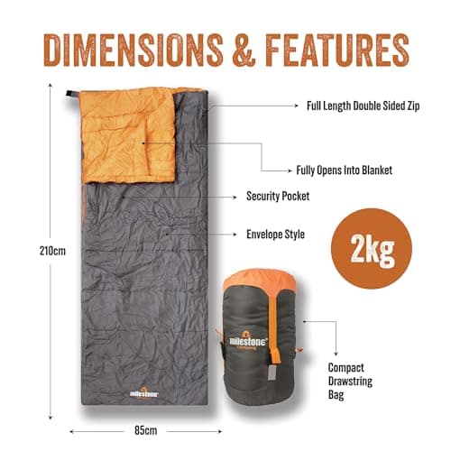 Milestone Camping, Grey, 26730 Single Envelope Sleeping Bag | 3 Season | Double Insulation | Full Length Dual Zip | Grey & Orange | Packs Down Tight | 210cm x 85cm — view 3