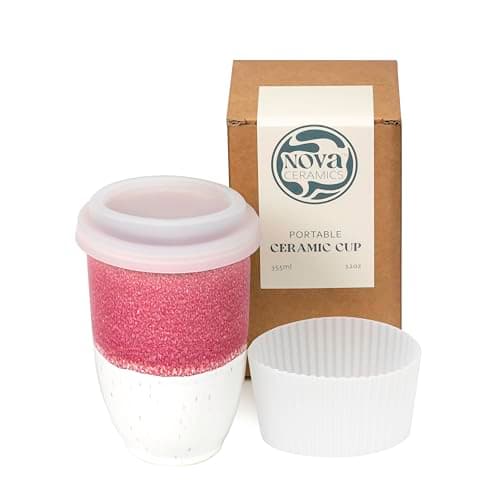 NOVA CERAMICS Travel Mugs - Ceramic Tumbler with Lid – Ceramic Travel Mug to Go Cup – Microwave & Dishwasher Safe Ceramic Coffee Tumbler - Gifts for Women Men Him Her – 355ml – Coral Pink