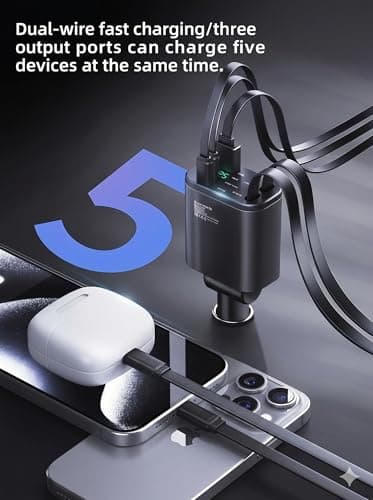 88W Retractable Car Charger - 12V Cigarette lighter Adapter with USB C Cables, Fast Charging for iPhone 17/16/15/14/13/12/11/xr/Google/Samsung/iPad, Car Accessories Practical Gifts for Men Dad Husband — view 6