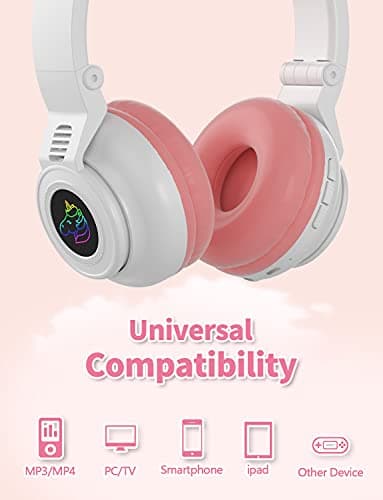 YUSONIC Unicorn Headphones for Girls, Unicorn Bluetooth Headphones Foldable for Girl Toddlers Tablet/pad/Amazon fire,Light Up Kids Wireless Headphone Birthday Gifts (White) — view 5