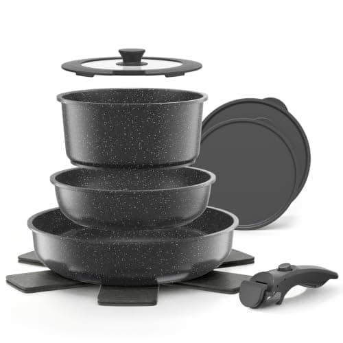 YASHE 9Pcs Granite Nonstick Pots and Pans Set, Stackable, Oven Safe