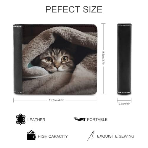 GHBNK Cat Under Blanket Men's RFID-Blocking Leather Bifold Slim Wallet with Flip ID Window for Men Travel — view 2