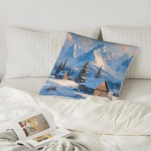 Winter Cabin Scene Organic Cotton Snowy Mountain LandscapePillow Slip Set of 2 Hypoallergenic Kids Toddler Double Bed UK Standard Size Eco-friendly Gift for Her Him 40x40cm — view 5
