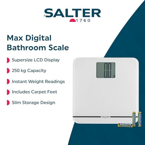 Salter Max Digital Bathroom Scale – Supersize LCD Display, 250 kg Capacity, Large Platform, Easy Read, Carpet Feet & Batteries Included, Kg/lbs, Instant Readings, Weight Measurements, White — view 2