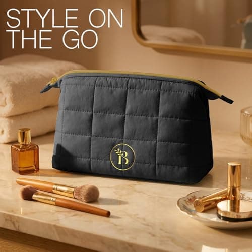 Quilted Black Makeup Bag for Women, Travel Toiletry Bag with Wide-Open Top & Zipper Pouch, Travel Makeup Case Organizer with Internal Pockets, Puffy Cosmetic Pouch for Everyday Essentials — view 3
