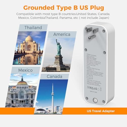 TESSAN UK to US Plug Adaptor, USA Travel Adapter with USB C — view 2