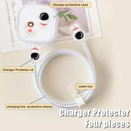DiyGody Protector Set Compatible for iPhone 40W Charger Plug, Phone Charger Protective Cover for UK Apple Type-C/L Power Adapter, Data Cable Case Wire Saver Cute Design for Girls, White 3D Astronaut — view 2