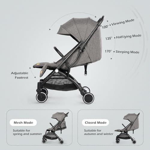 Hello-5ive Lightweight Travel Stroller Compact Baby Pushchair with Adjustable Seat, Mosquito Net, Rain Cover, One-Hand Folding Buggy with 5-Point Harness for Toddlers from Birth to 15kg (Dark Grey) — view 4