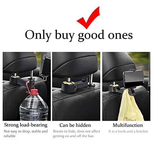 BELOMI Car Headrest Hook with Phone Holder, 2 Pack Upgraded 2 in 1 Auto Back Seat Hooks, 360° Rotation Hangers Universal Vehicle Organizer Storage for Purses Bags Groceries (Gold) — view 3