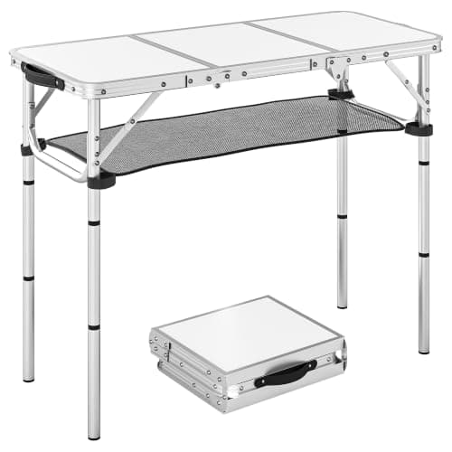 Outsunny 3ft Folding Camping Table with Mesh Storage Layer Cream White